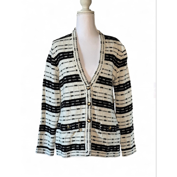 ANN TAYLOR Sweaters - Ann Taylor Black White Striped Tweed Sweater Jacket NWT Small Petite